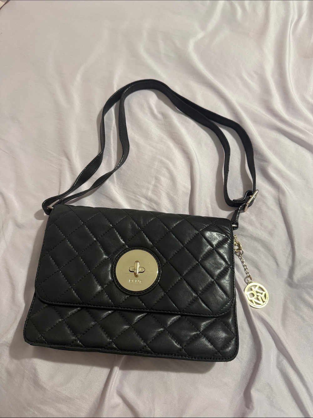 DKNY Black Quilted Leather Shoulder Bag with Gold Accent
